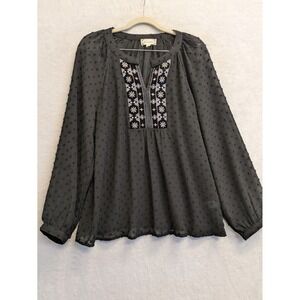Cloth & Portrait Women's Black Embroidered Long‎ Sleeve Blouse Top